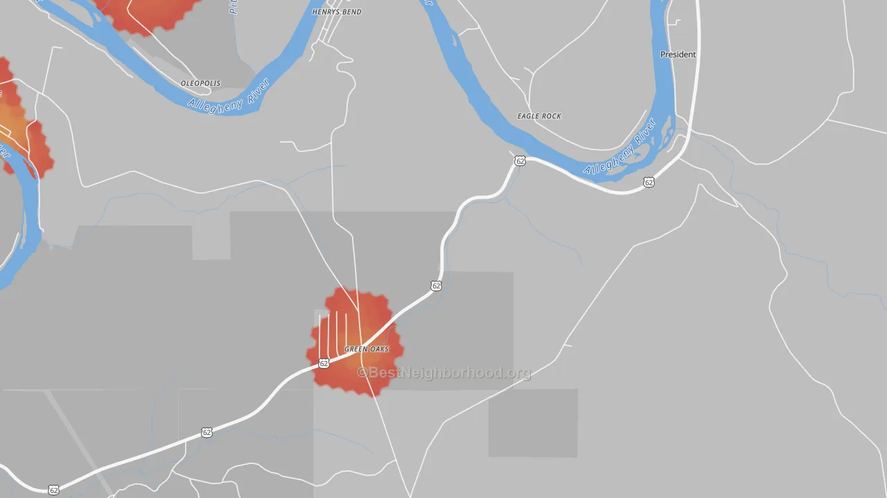 Walk Grade map of Eagle Rock, PA, walkable areas in green and car-dependent areas in red
