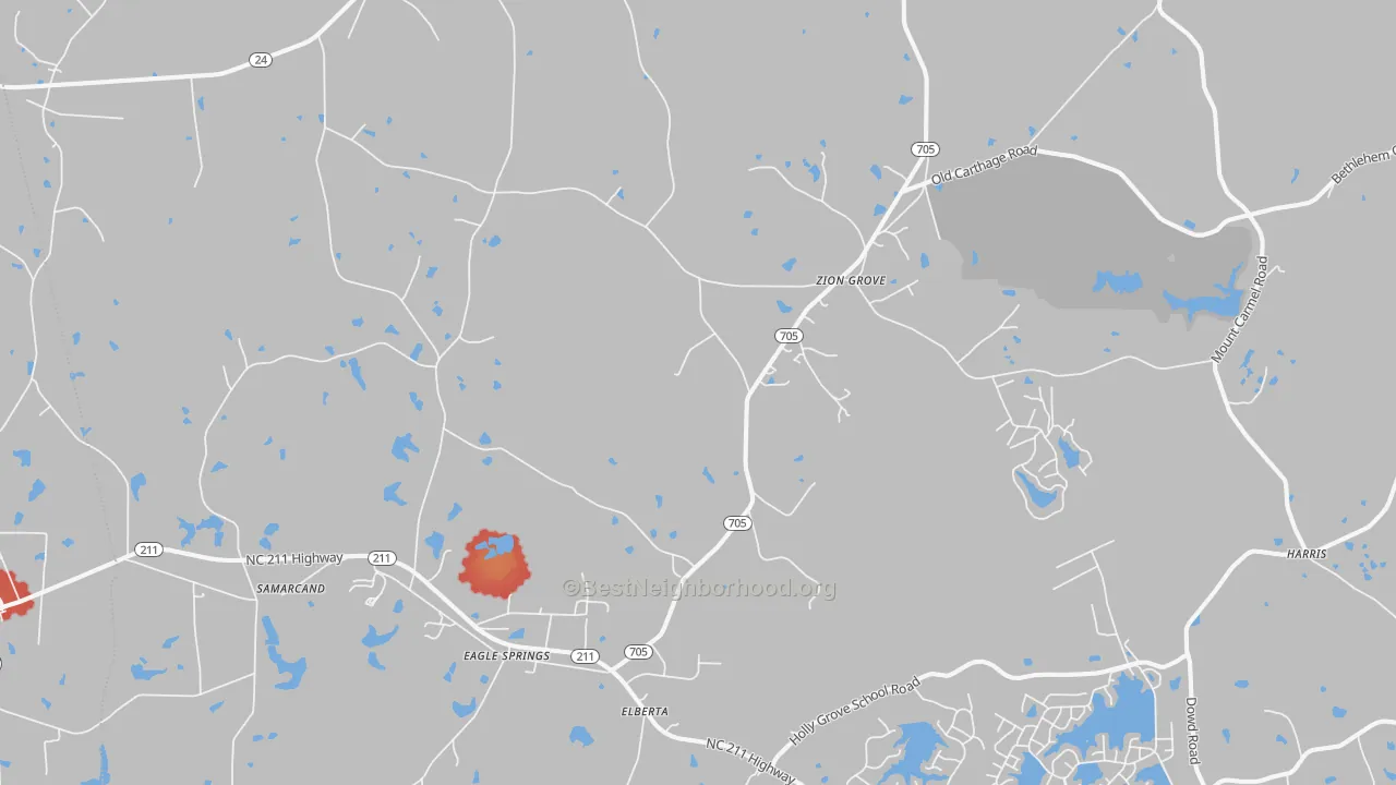 Walk Grade map of Eagle Springs, NC, walkable areas in green and car-dependent areas in red