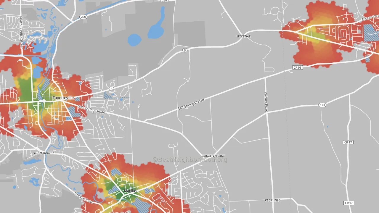 Walk Grade map of Eagle Village, NY, walkable areas in green and car-dependent areas in red