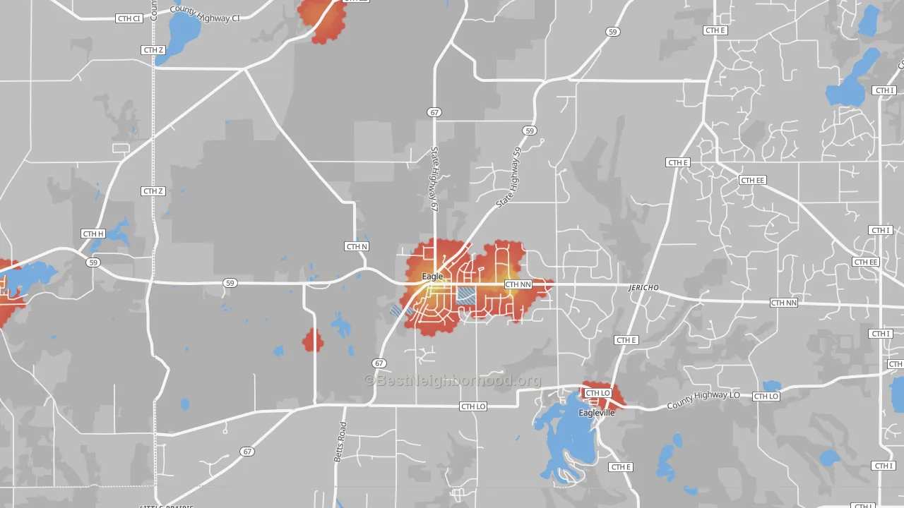 Walk Grade map of Eagle, WI, walkable areas in green and car-dependent areas in red