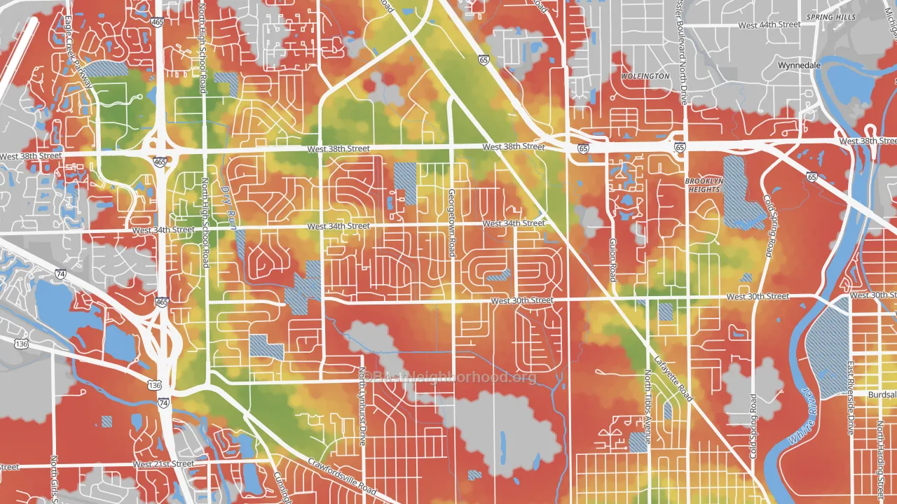 Walk Grade map of Eagledale, Indianapolis, IN, walkable areas in green and car-dependent areas in red