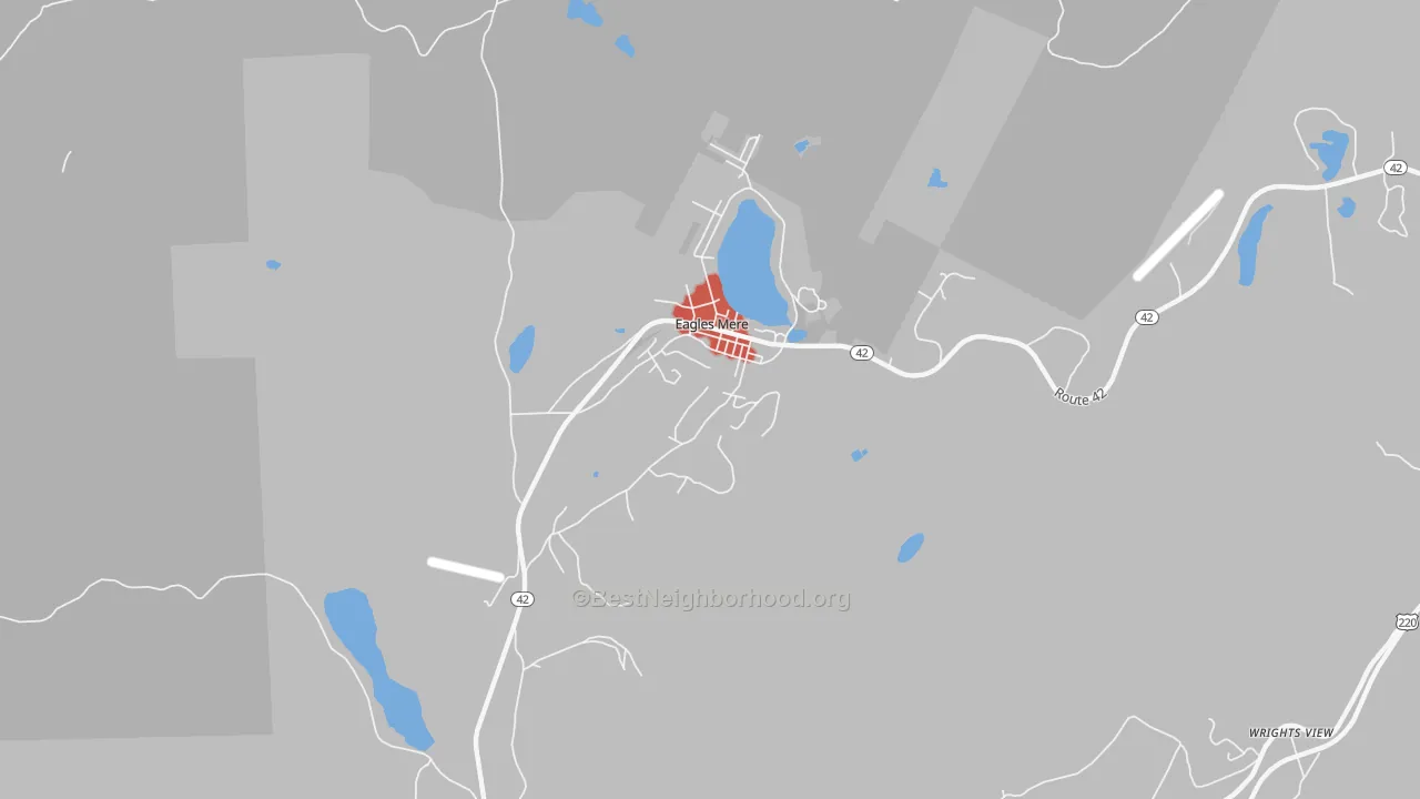 Walk Grade map of Eagles Mere, PA, walkable areas in green and car-dependent areas in red