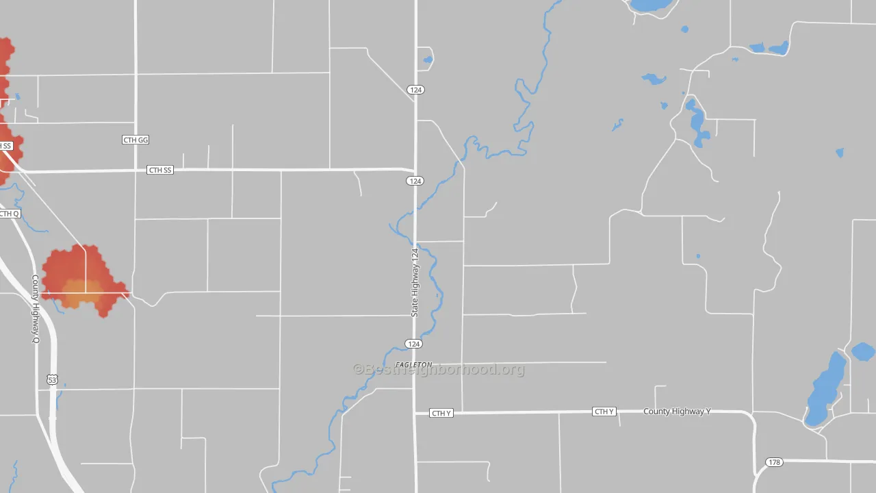 Walk Grade map of Eagleton, WI, walkable areas in green and car-dependent areas in red