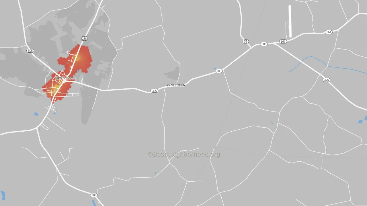 Walk Grade map of Eagletown, NC, walkable areas in green and car-dependent areas in red