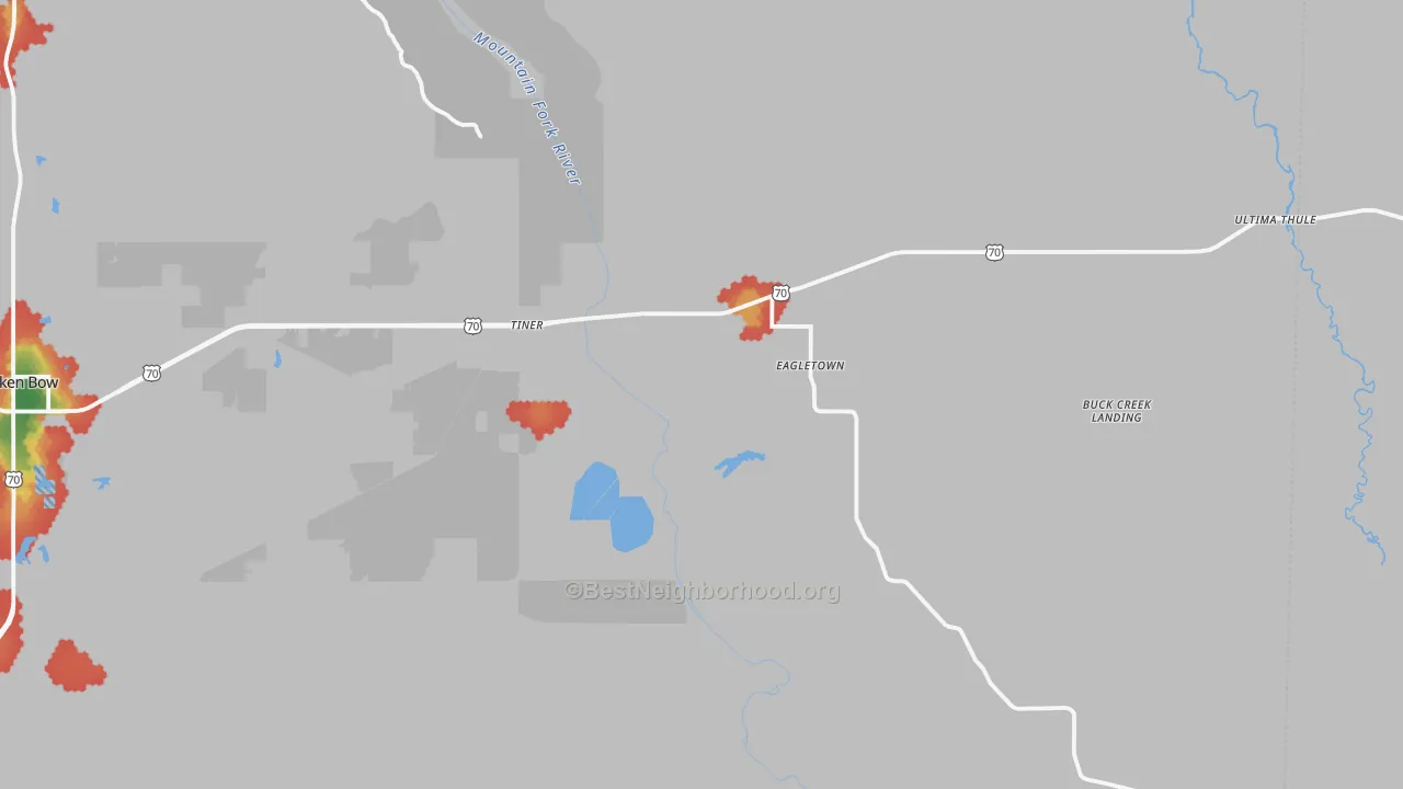 Walk Grade map of Eagletown, OK, walkable areas in green and car-dependent areas in red