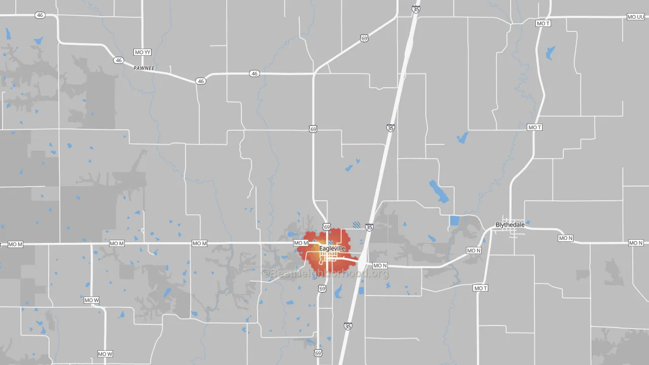 Walk Grade map of Eagleville, MO, walkable areas in green and car-dependent areas in red