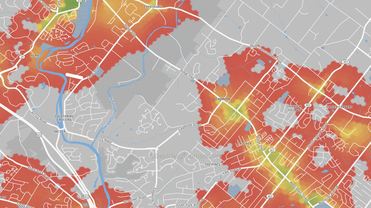 Walk Grade map of Eagleville, PA, walkable areas in green and car-dependent areas in red