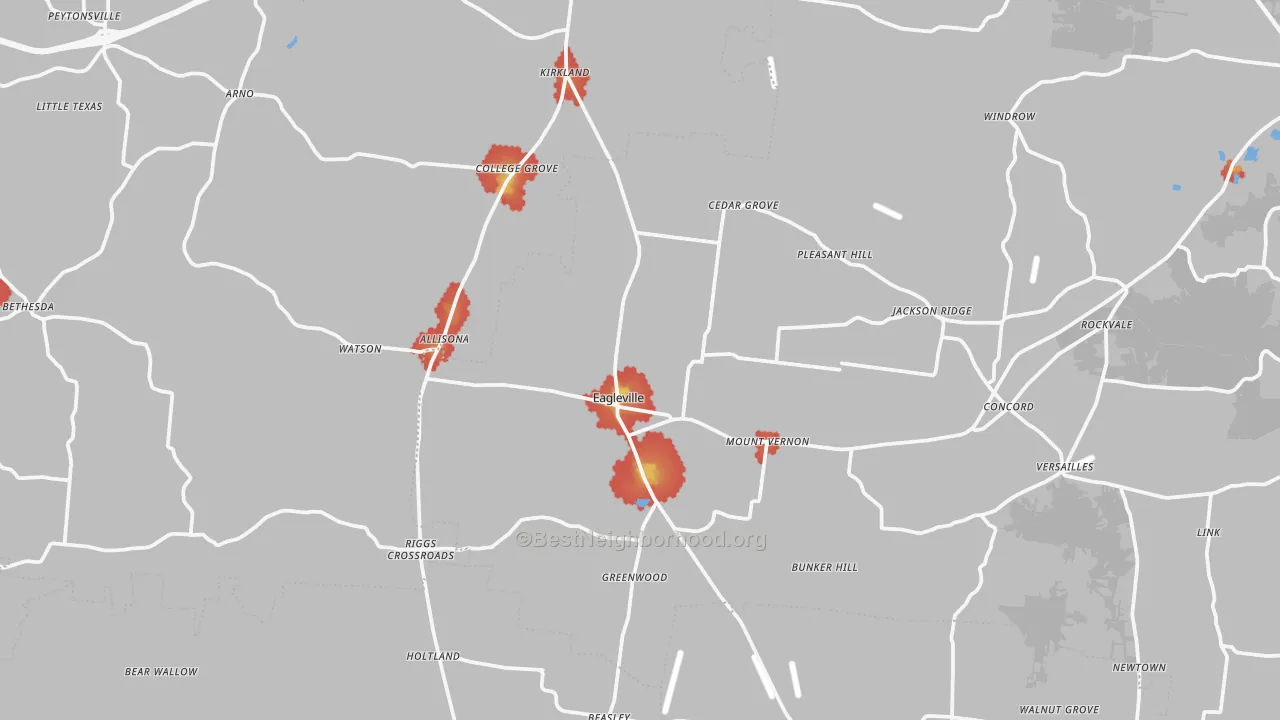 Walk Grade map of Eagleville, TN, walkable areas in green and car-dependent areas in red