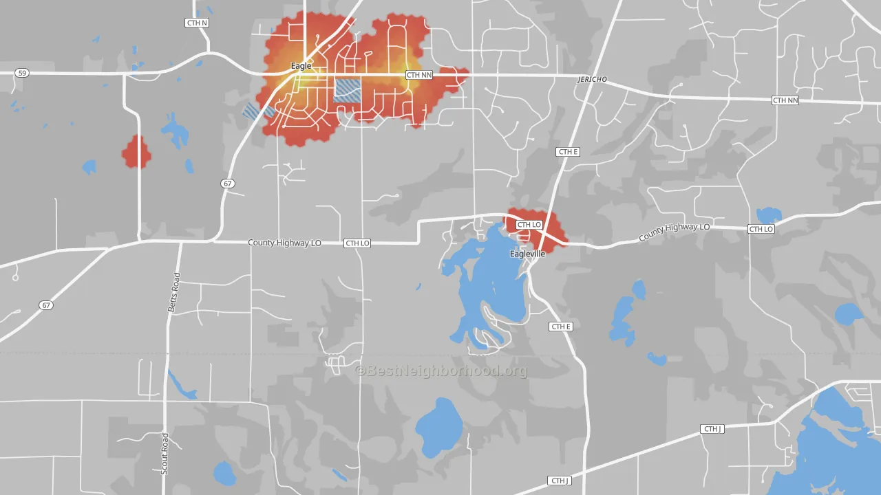 Walk Grade map of Eagleville, WI, walkable areas in green and car-dependent areas in red