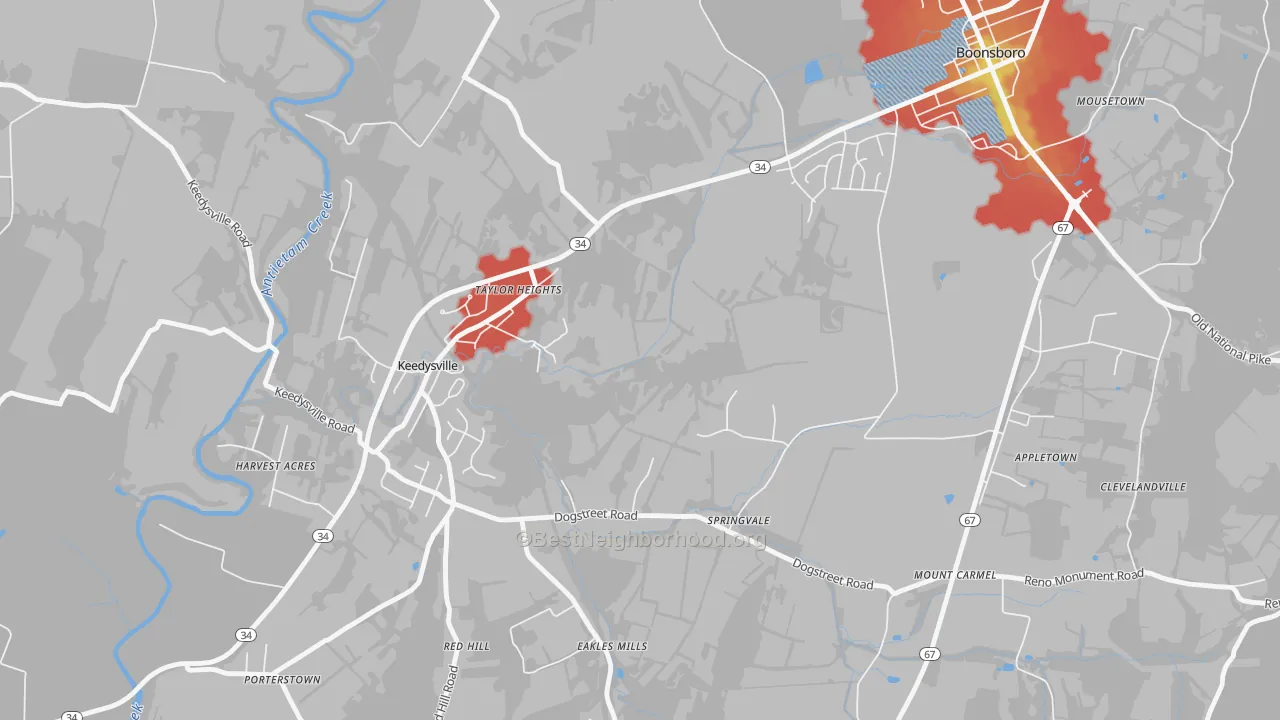 Walk Grade map of Eakles Mill, MD, walkable areas in green and car-dependent areas in red