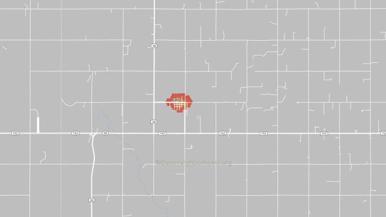 Walk Grade map of Eakly, OK, walkable areas in green and car-dependent areas in red