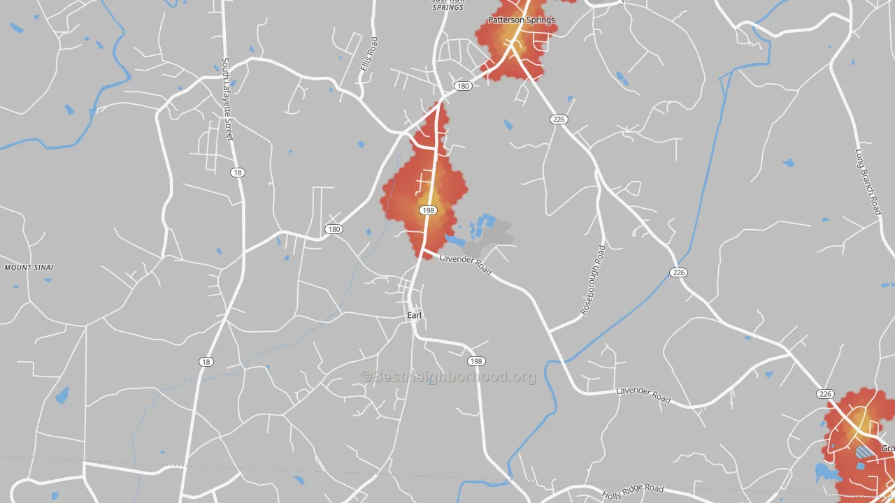 Walk Grade map of Earl, NC, walkable areas in green and car-dependent areas in red