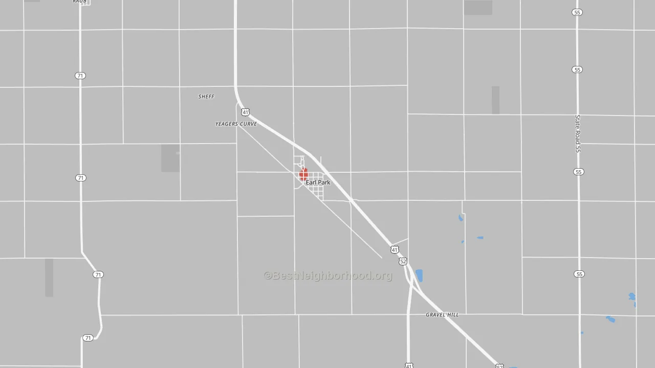 Walk Grade map of Earl Park, IN, walkable areas in green and car-dependent areas in red