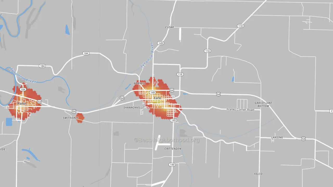 Walk Grade map of Earle, AR, walkable areas in green and car-dependent areas in red