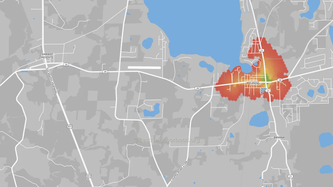 Walk Grade map of Earleton, FL, walkable areas in green and car-dependent areas in red
