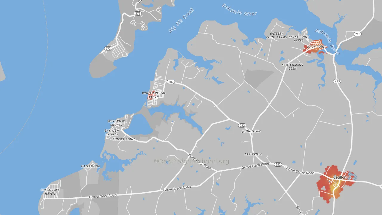 Walk Grade map of Earleville, MD, walkable areas in green and car-dependent areas in red