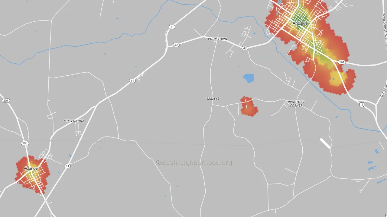 Walk Grade map of Earley, NC, walkable areas in green and car-dependent areas in red