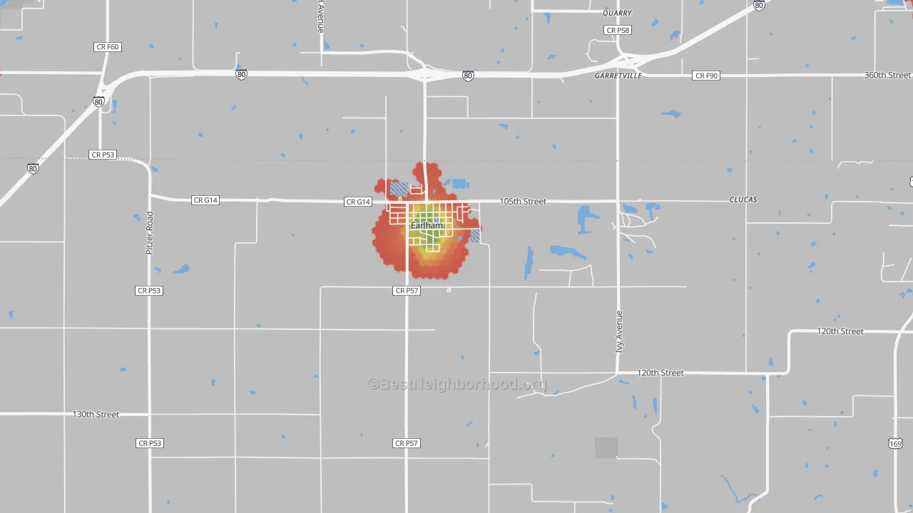 Walk Grade map of Earlham, IA, walkable areas in green and car-dependent areas in red