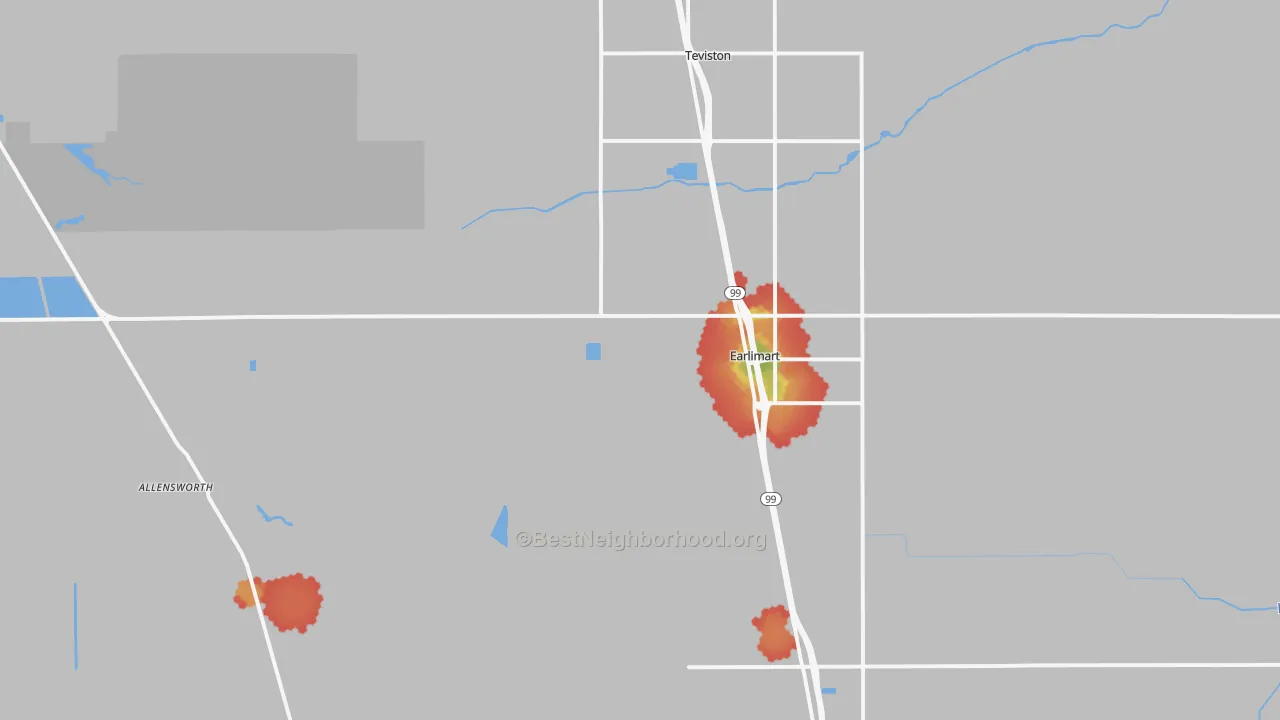 Walk Grade map of Earlimart, CA, walkable areas in green and car-dependent areas in red