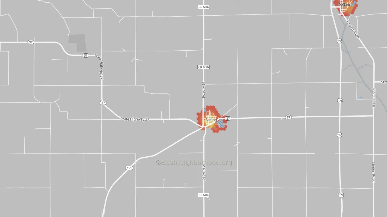 Walk Grade map of Earling, IA, walkable areas in green and car-dependent areas in red