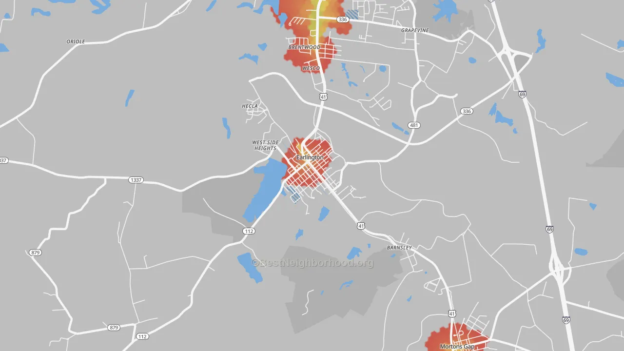 Walk Grade map of Earlington, KY, walkable areas in green and car-dependent areas in red