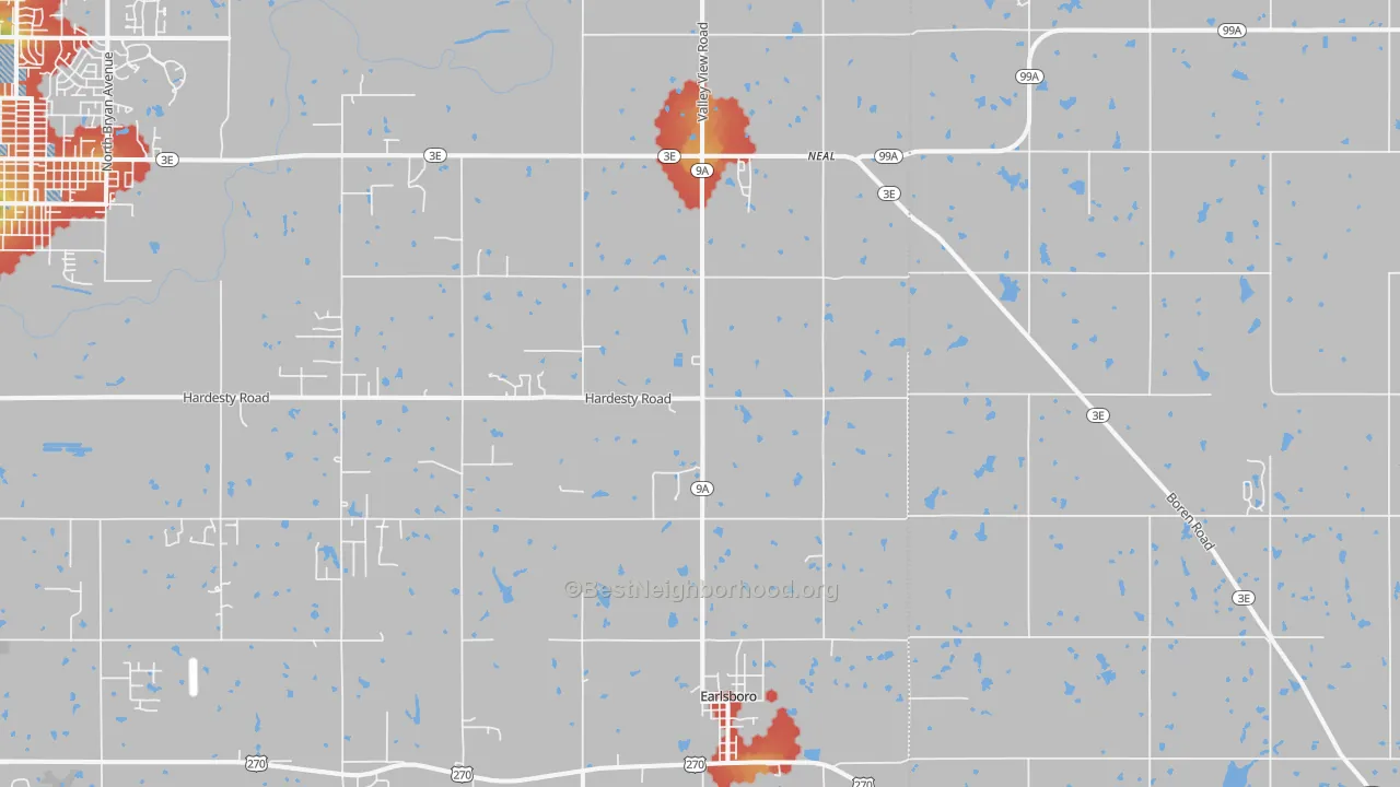 Walk Grade map of Earlsboro, OK, walkable areas in green and car-dependent areas in red