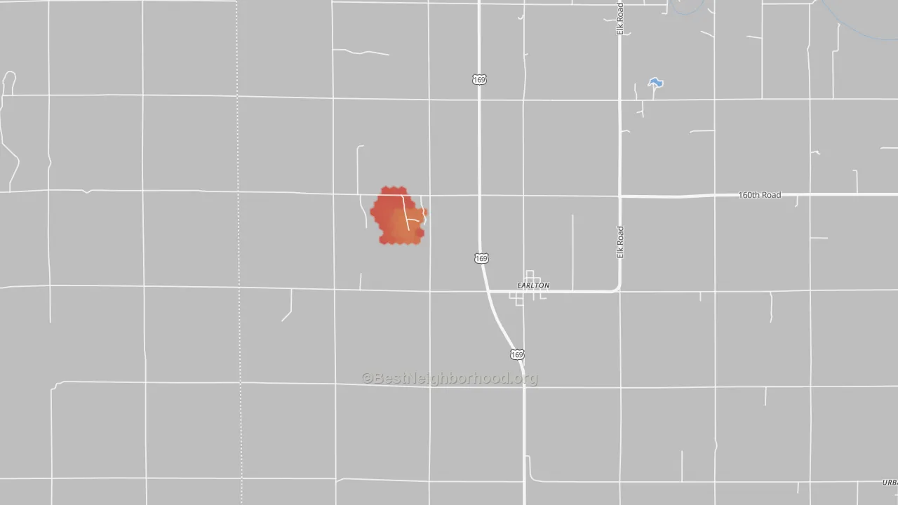 Walk Grade map of Earlton, KS, walkable areas in green and car-dependent areas in red