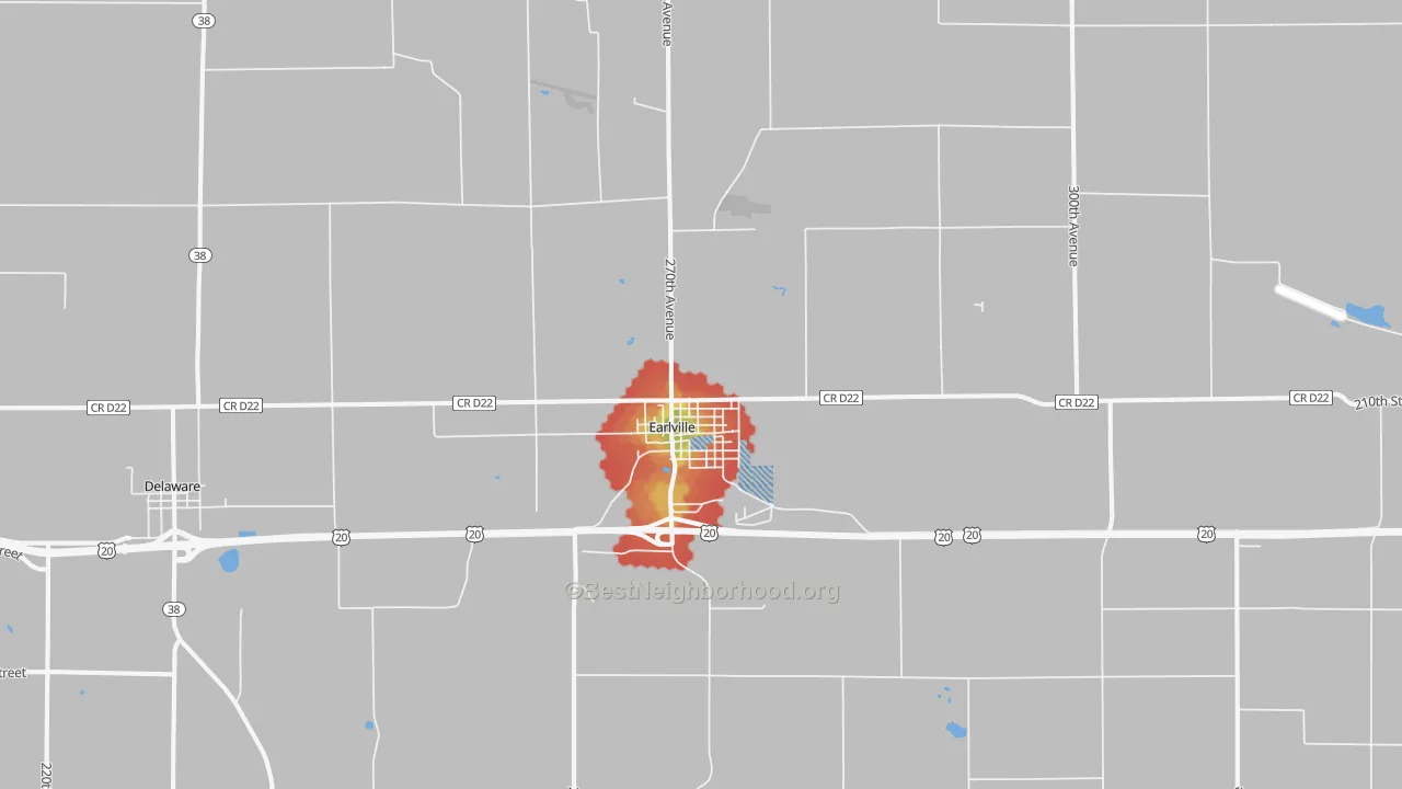 Walk Grade map of Earlville, IA, walkable areas in green and car-dependent areas in red