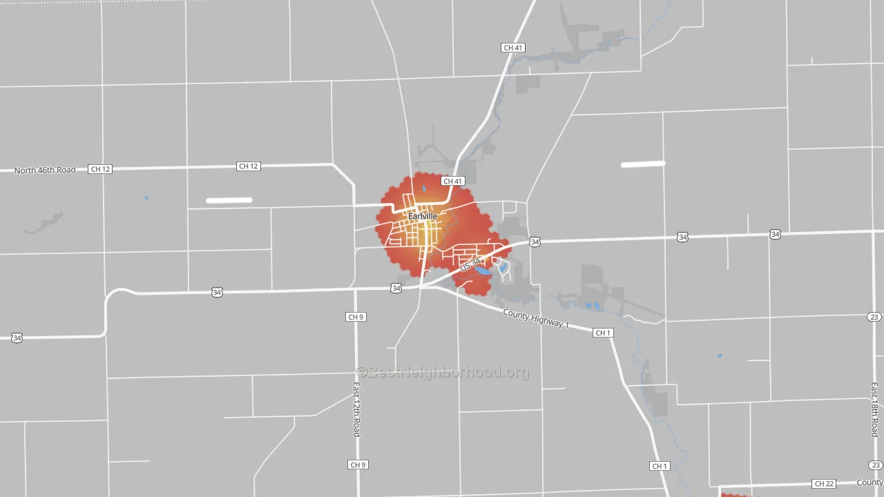 Walk Grade map of Earlville, IL, walkable areas in green and car-dependent areas in red