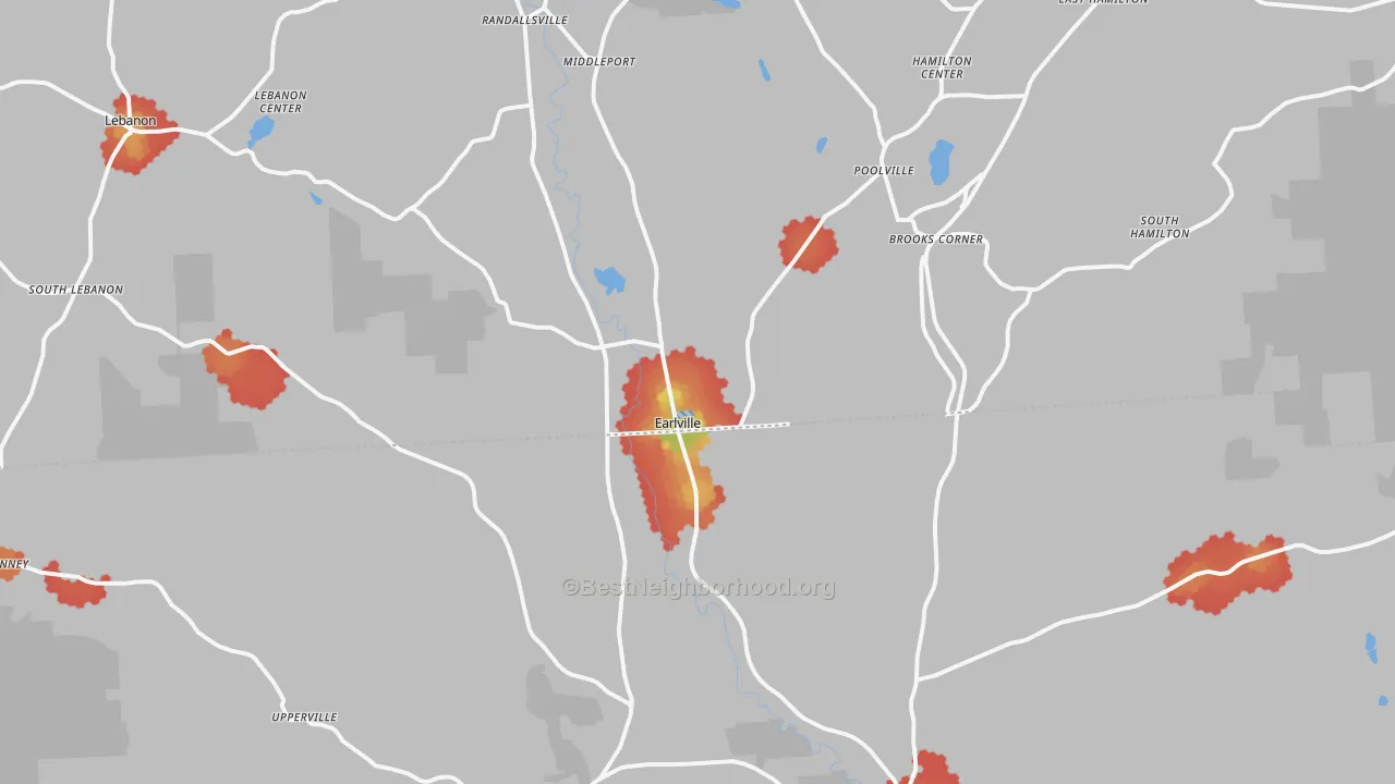 Walk Grade map of Earlville, NY, walkable areas in green and car-dependent areas in red