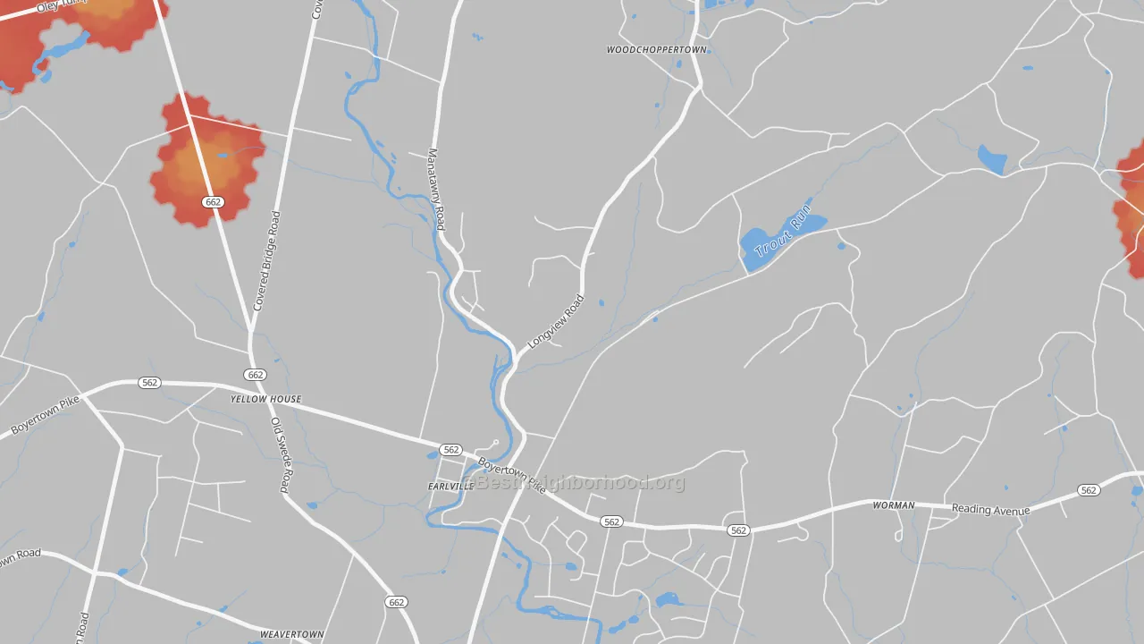 Walk Grade map of Earlville, PA, walkable areas in green and car-dependent areas in red