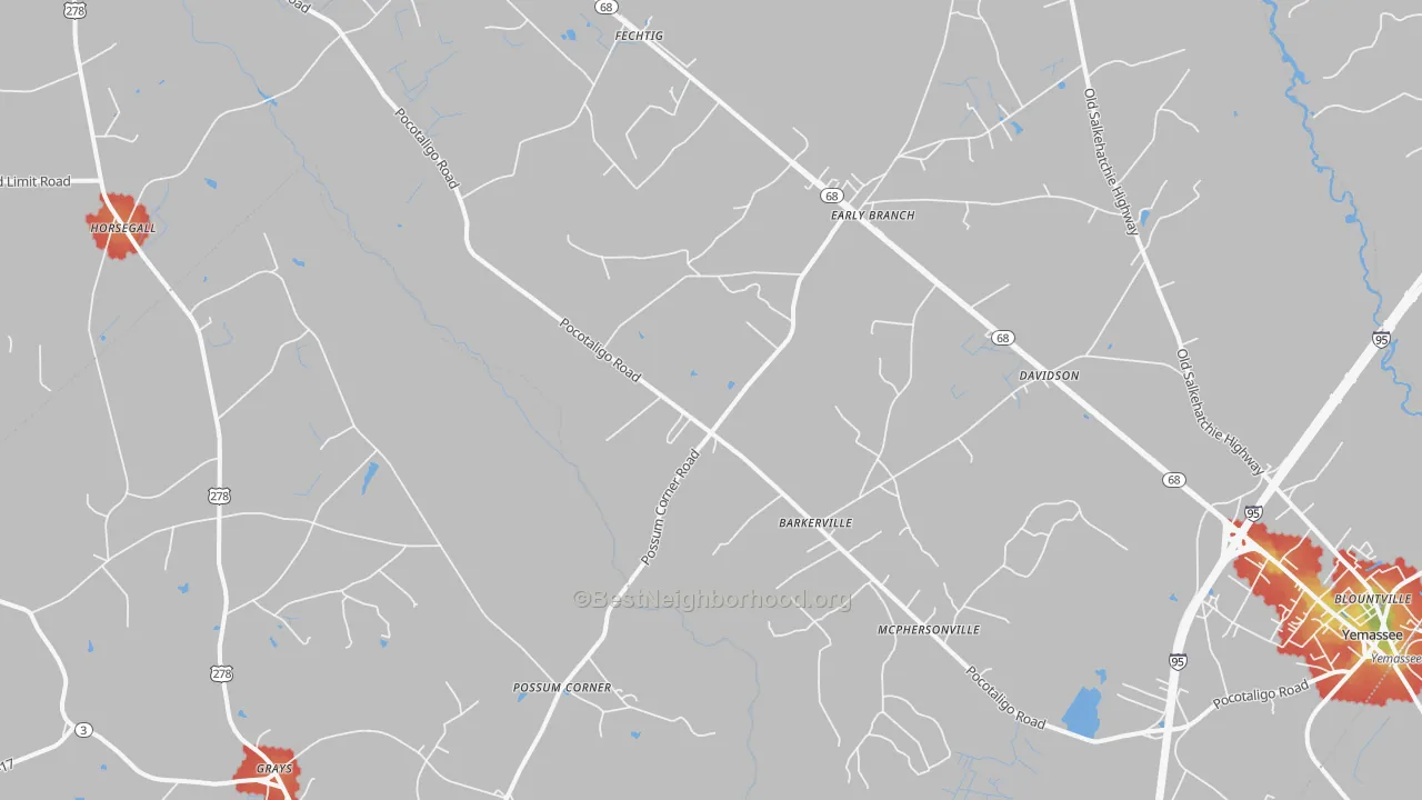 Walk Grade map of Early Branch, SC, walkable areas in green and car-dependent areas in red