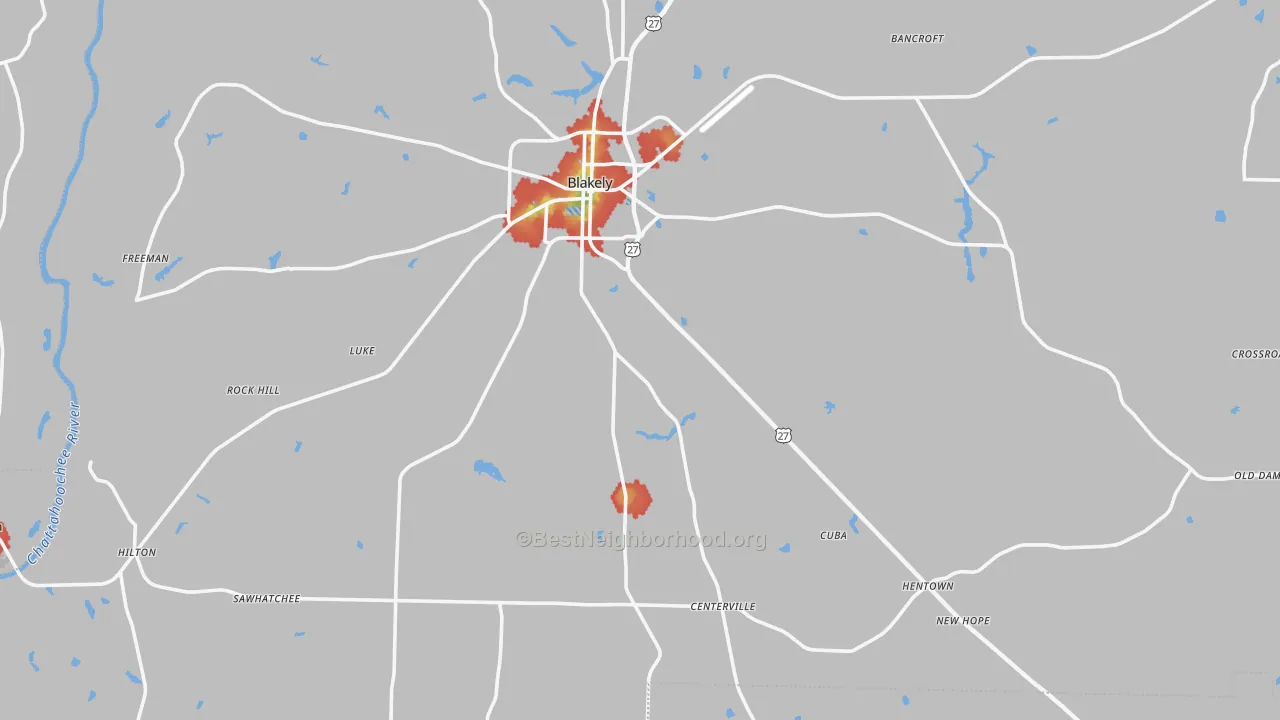 Walk Grade map of Early County, GA, walkable areas in green and car-dependent areas in red