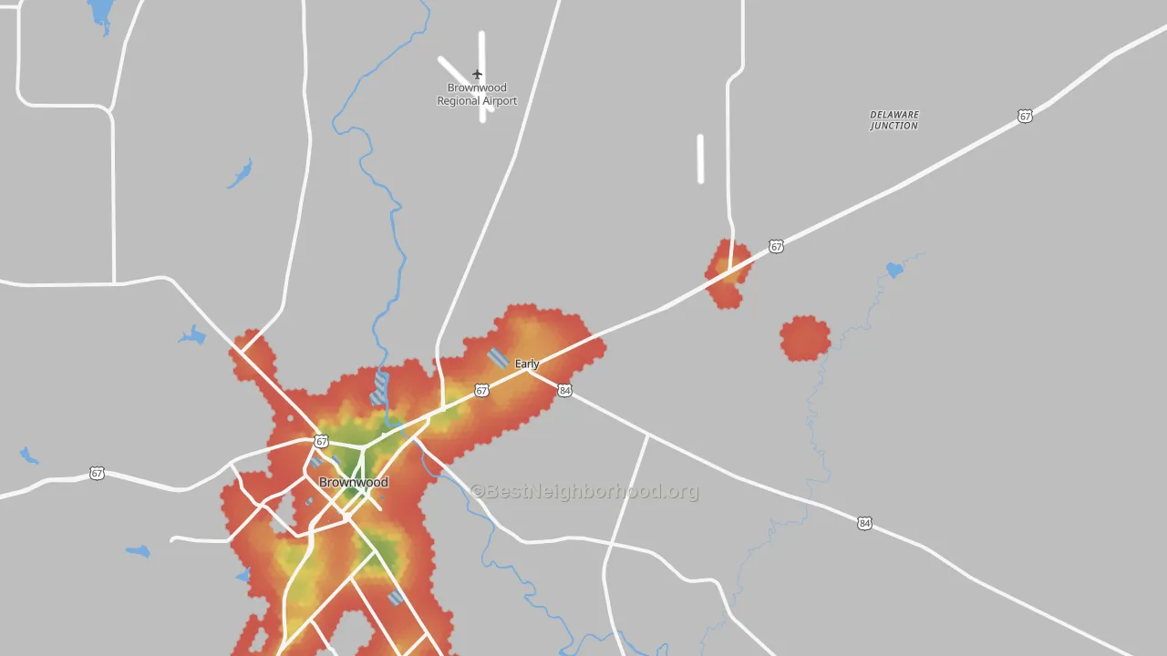 Walk Grade map of Early, TX, walkable areas in green and car-dependent areas in red