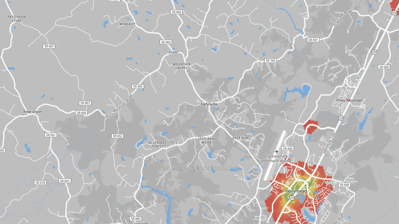 Walk Grade map of Earlysville, VA, walkable areas in green and car-dependent areas in red