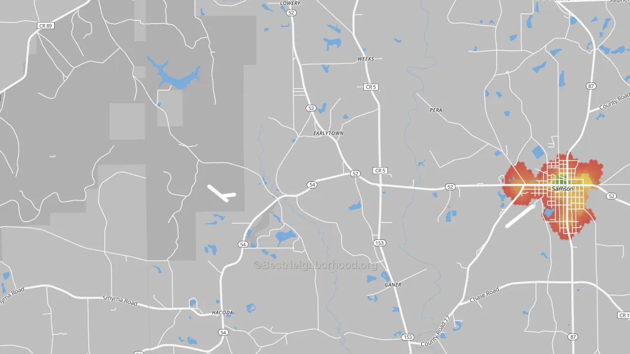 Walk Grade map of Earlytown, AL, walkable areas in green and car-dependent areas in red