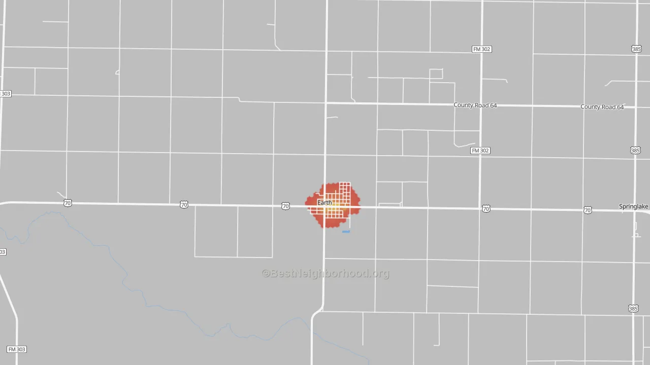 Walk Grade map of Earth, TX, walkable areas in green and car-dependent areas in red