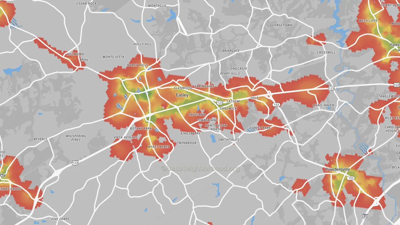 Walk Grade map of Easley, SC, walkable areas in green and car-dependent areas in red