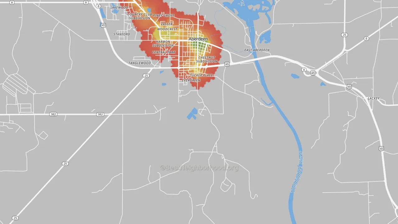 Walk Grade map of East Aberdeen, MS, walkable areas in green and car-dependent areas in red