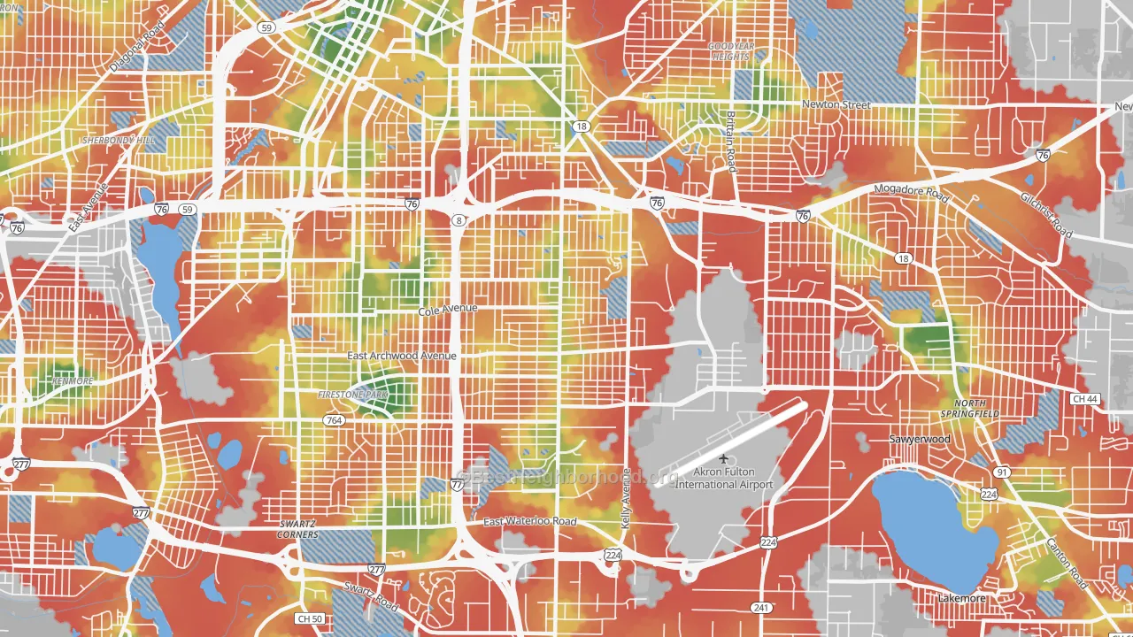 Walk Grade map of East Akron, Akron, OH, walkable areas in green and car-dependent areas in red