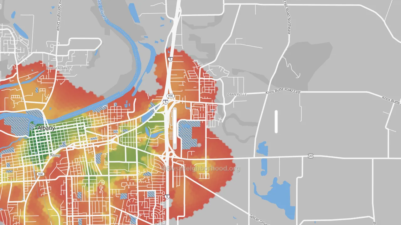 Walk Grade map of East Albany, Albany, OR, walkable areas in green and car-dependent areas in red
