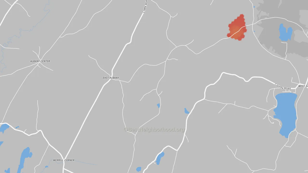 Walk Grade map of East Albany, VT, walkable areas in green and car-dependent areas in red