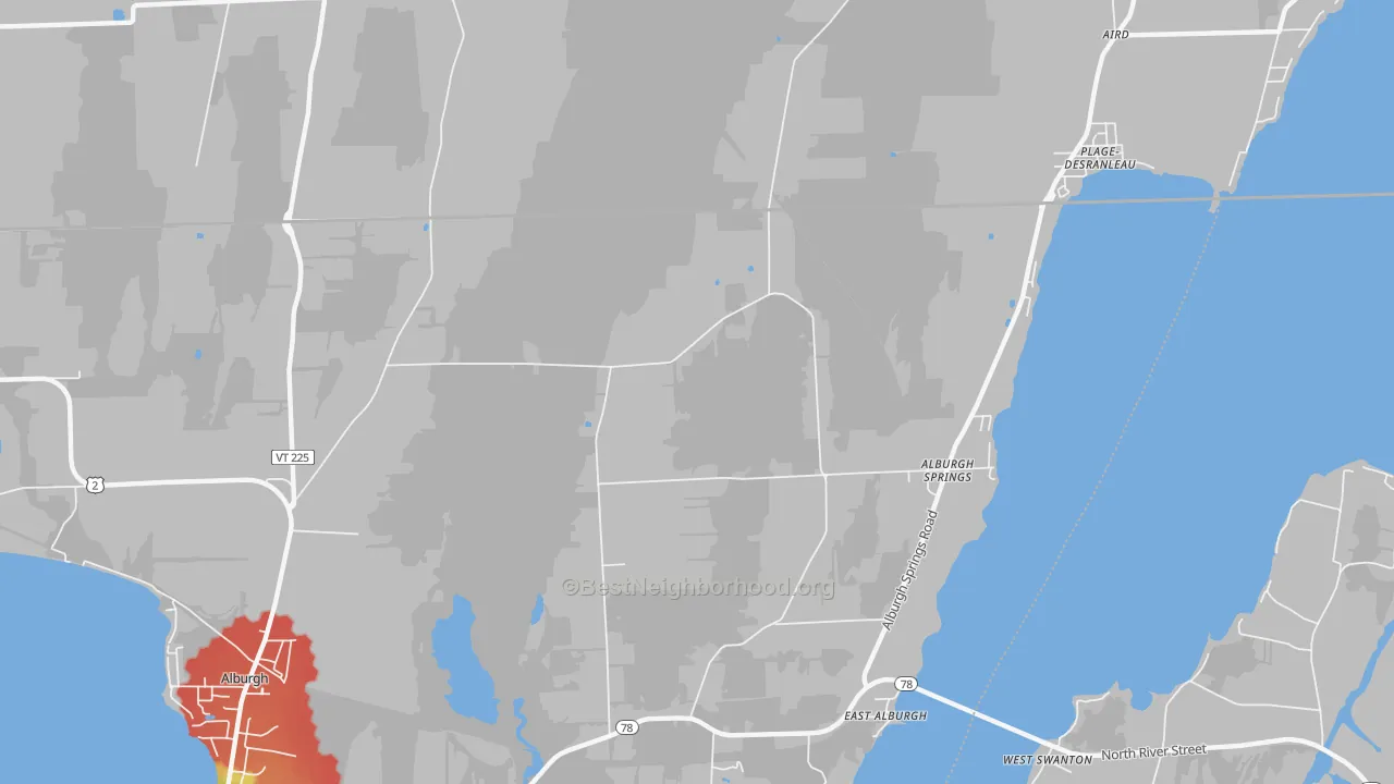 Walk Grade map of East Alburg, VT, walkable areas in green and car-dependent areas in red