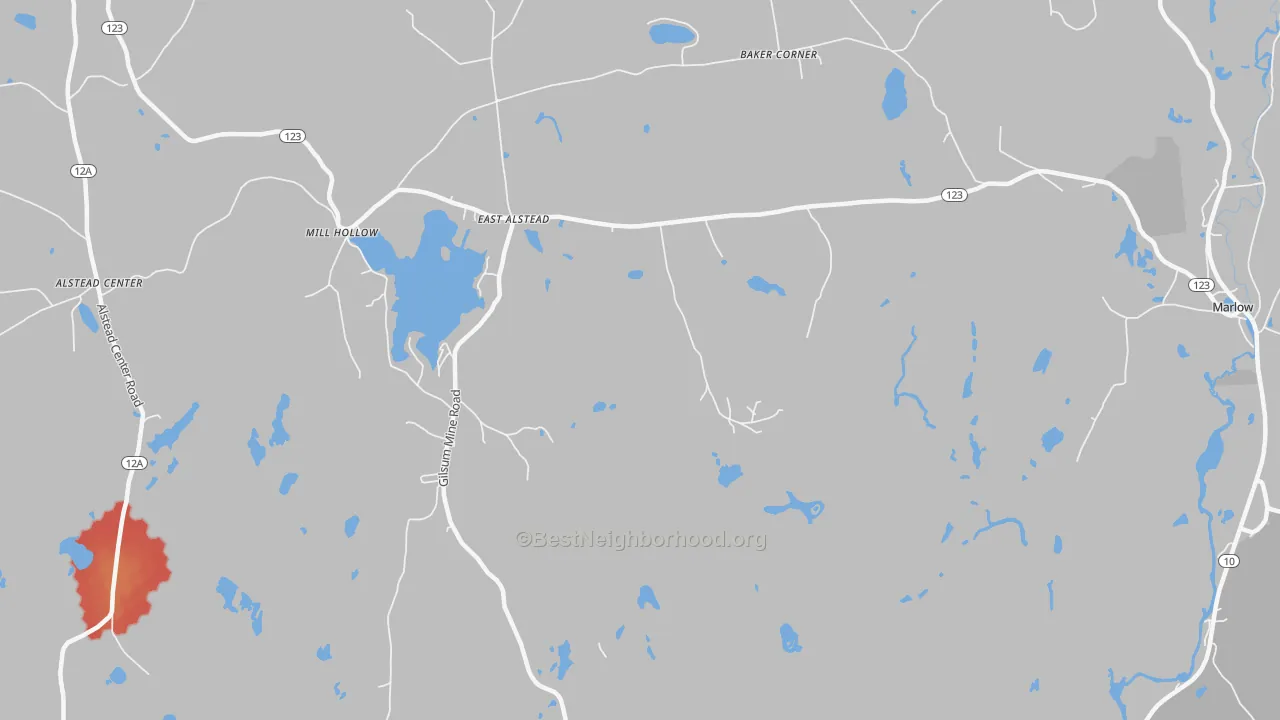 Walk Grade map of East Alstead, NH, walkable areas in green and car-dependent areas in red