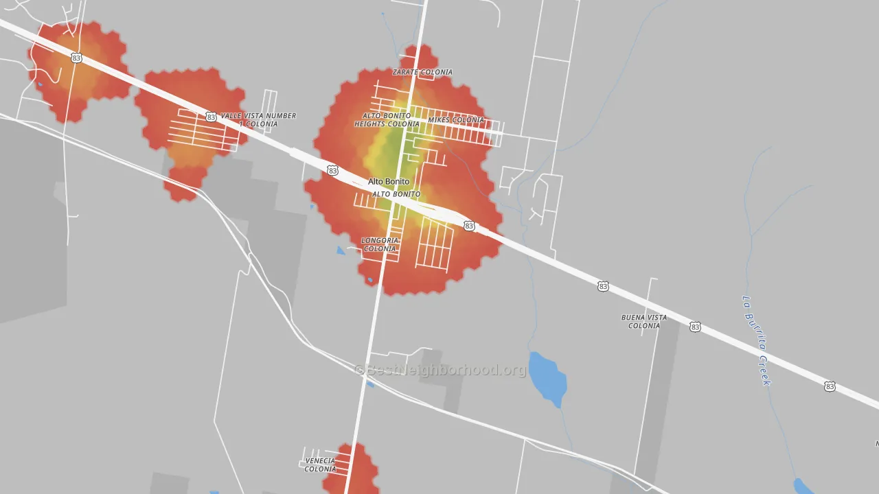 Walk Grade map of East Alto Bonito, TX, walkable areas in green and car-dependent areas in red