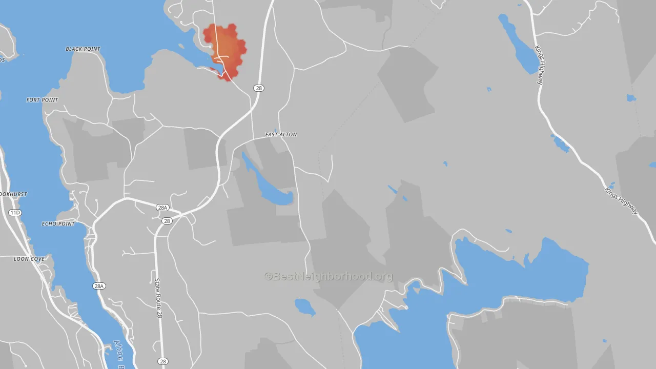 Walk Grade map of East Alton, NH, walkable areas in green and car-dependent areas in red