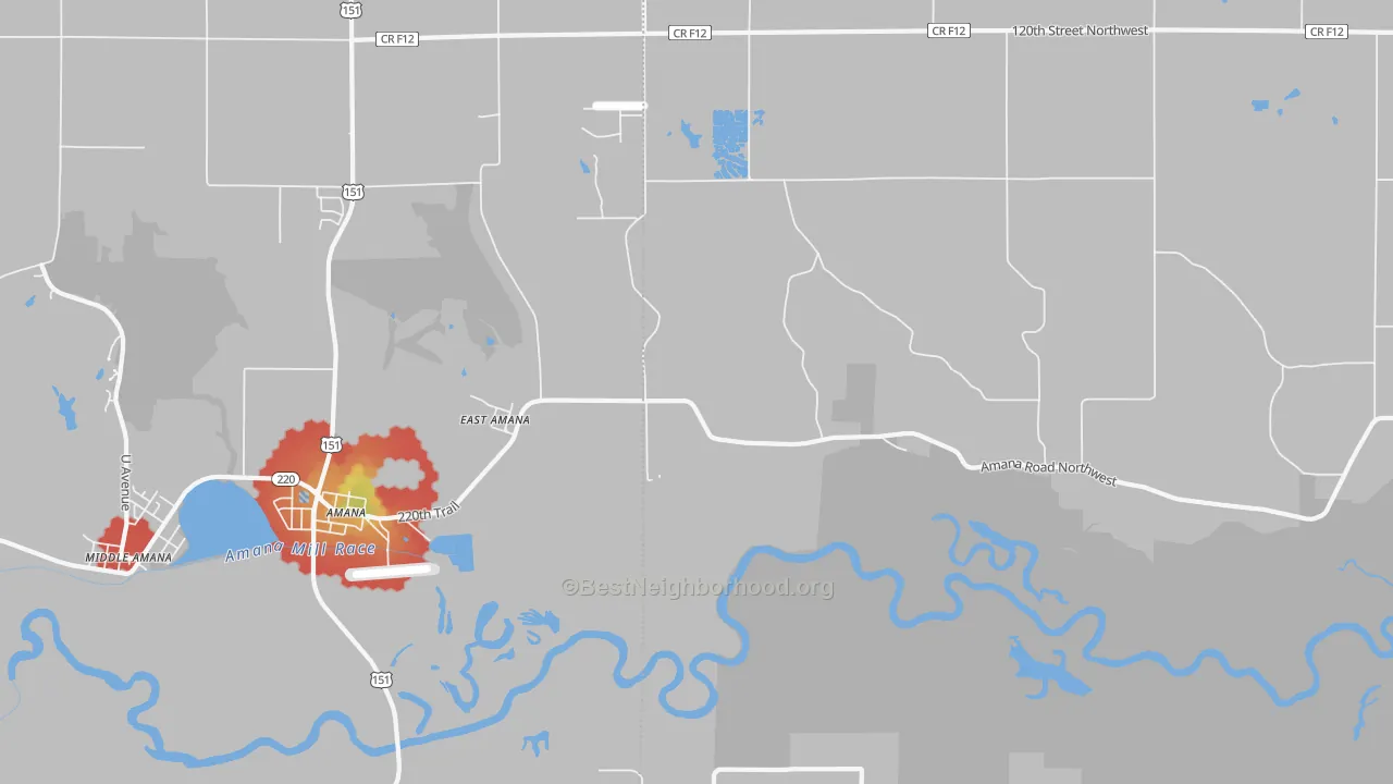Walk Grade map of East Amana, IA, walkable areas in green and car-dependent areas in red