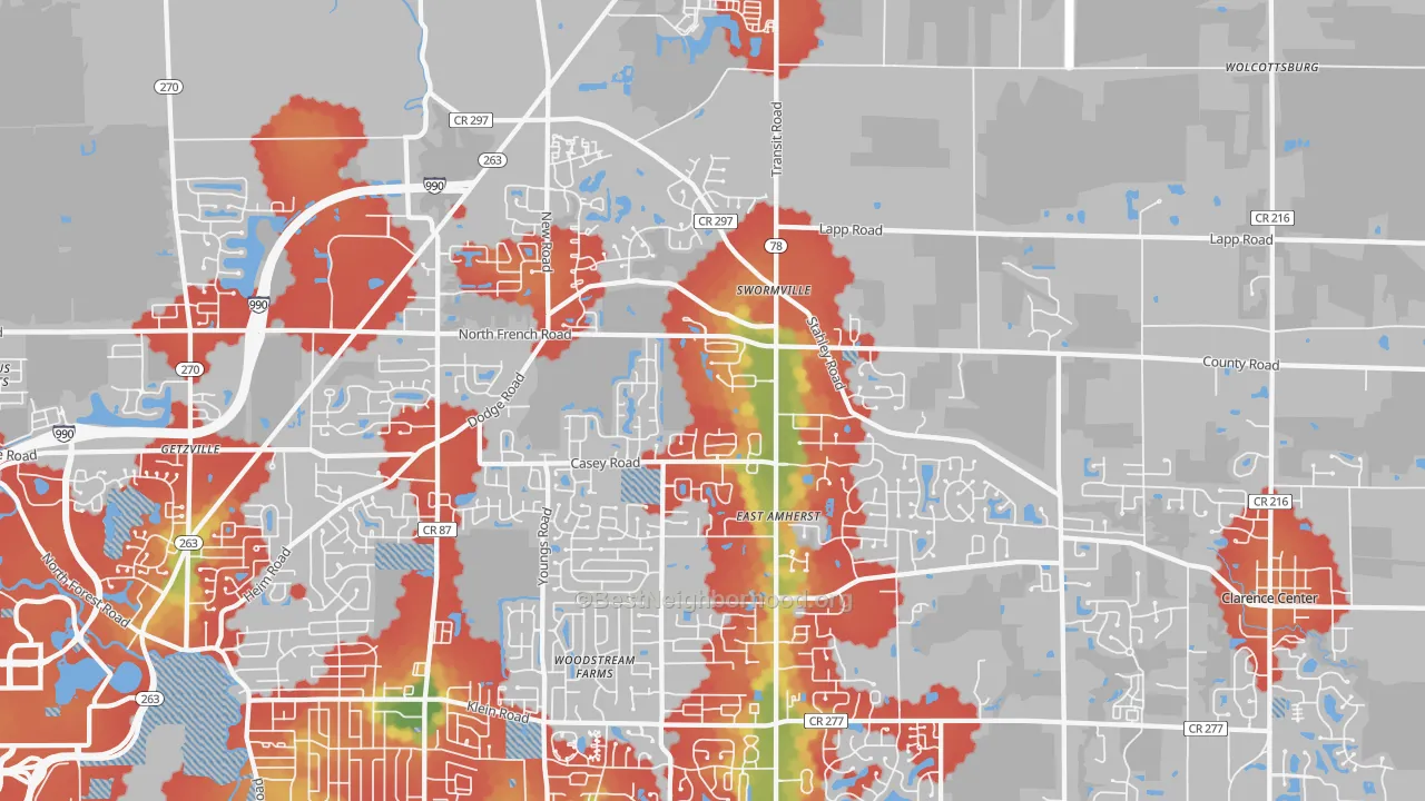 Walk Grade map of East Amherst, NY, walkable areas in green and car-dependent areas in red