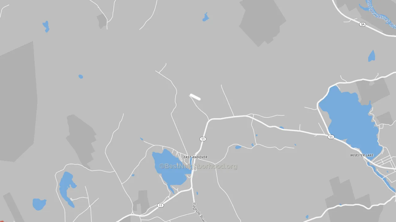 Walk Grade map of East Andover, NH, walkable areas in green and car-dependent areas in red