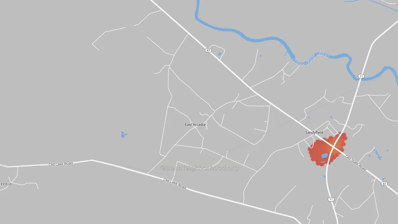 Walk Grade map of East Arcadia, NC, walkable areas in green and car-dependent areas in red